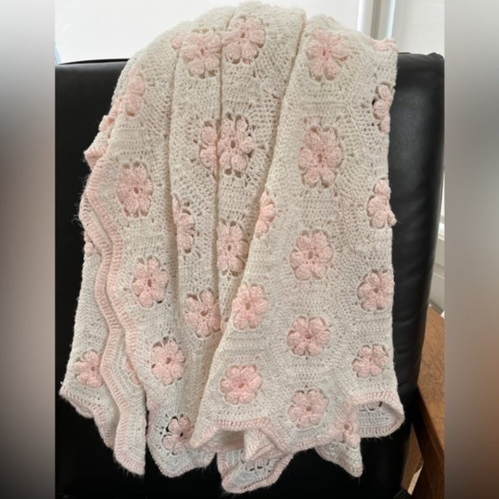 HAND MADE CROCHETED Cozy Blanket White Scalloped Edge Pink Flowers Cottagecore